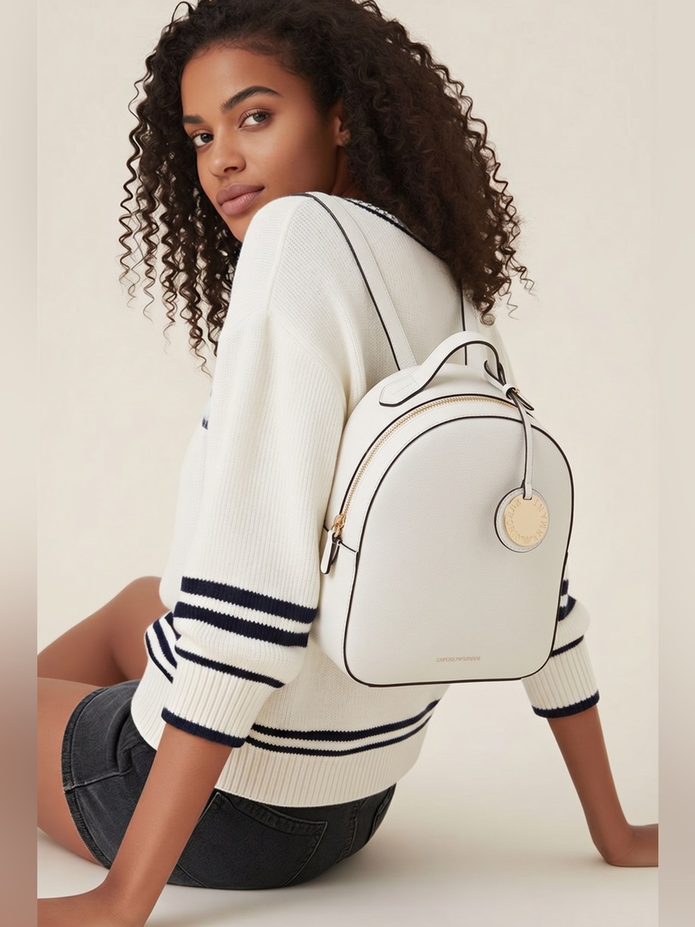 Emporio Armani White Pebbled Leather Backpack